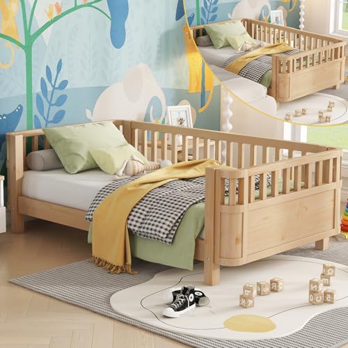 OYUMOENTS Twin Size Kids Bed Frame, Low Profile Montessori Twin Bed with Rails, Wood Daybed for Girls & Boys, No Spring Box Required, No Squeaks, Natural
