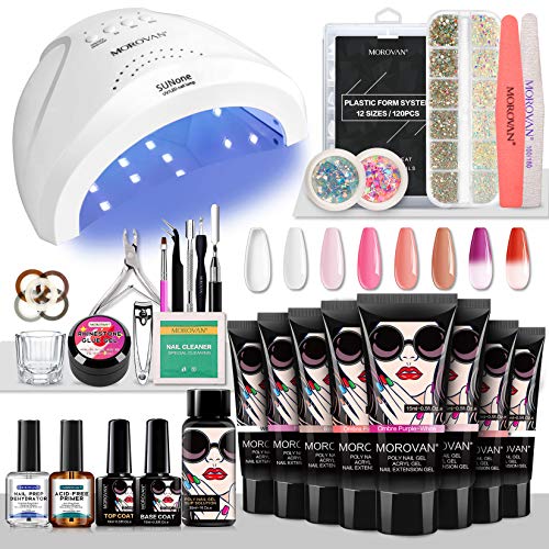 Morovan Poly Gel Nail Kit Builder Gel for Nails with 48W LED UV Nail Lamp Nail Extension Gel 8 Pcs 0.5oz with Slip Solution Nail Prep Dehydrator and Nail Primer Poly Nail Gel Kit Nail Art Supplies