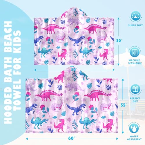 Image of Dinosaur Girls Beach Towel with Hoodie for Kids Toddlers Age 4-8, Pink Bath Towels Shower Wrap for Girls, Hooded Poncho Beach Blanket for Pool Swimming Cute Wearable Bath Towel for Child