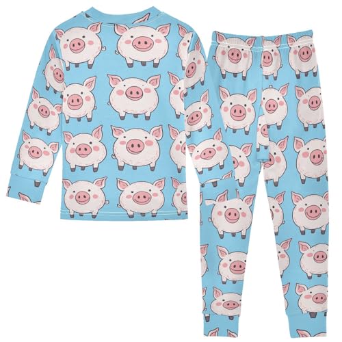 Pajama Sets Long Sleeve Cute Pig Blue Pattern Print Soft Comfy Sleepwear 2 Piece PJS 3-8T3