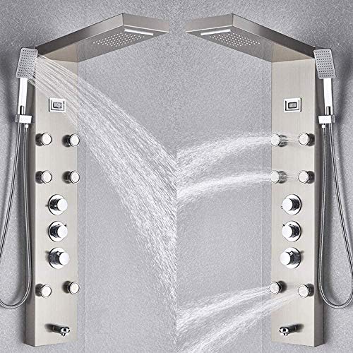 Columna de ducha termostática con panel de lluvia, duchador de mano y chorros de masaje, salida para bañera, montaje en pared, latón cepillado miniatura 3
