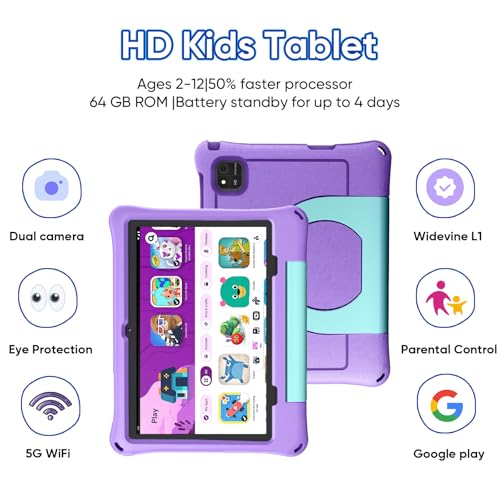 Image of aiprotablet 10 inch Kids Tablet, Android 16 Tablet for Kid, Octa-Core CPU, 24GB RAM, 64GB ROM 1TF Card Expandable for Toddler Children,Tablets with Case, Parental Control, 6000mAh,WiFi, BT5.0 (Purple)