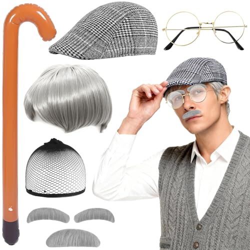 Saier tbo Juego de accesorios para disfraz de abuelo de 7 piezas, juego de accesorios para disfraz de hombre viejo con peluca, sombrero, gafas, cejas artificiales, bigote, bastón inflable para