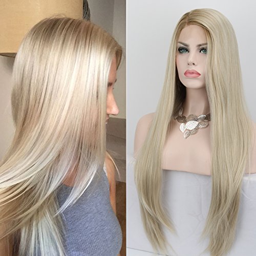 Fennell Fashion Ombre Platinum Blonde Glueless Lace Front Wigs Side Part Long Natural Straight Heat Resistant Synthetic Hair For Woman (22 inches)