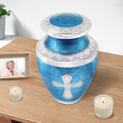 Image of M MEILINXU Turquoise Cross Cremation Urn, Funeral Urns for Ashes Adult Man