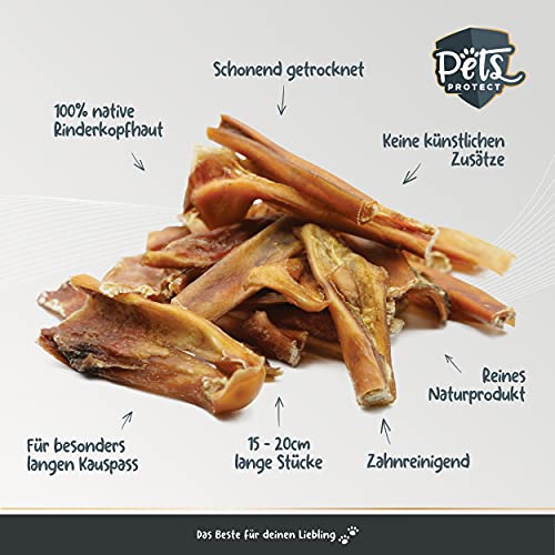 Native RINDERKOPFHAUT getrocknet | Für Hunde | 15-20 cm | Fettarm & proteinreich | Extra Langer Kauspaß | Natürliche Zahnpflege | Ohne Chemie & künstliche Zusätze | 500g | Deutsche Herstellung