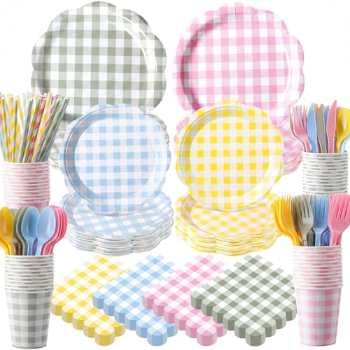 Widecook 450 Pcs Gingham Tableware Set Decorations Pastel Plaid Paper Plates Napkins Cups Cutlery Straws Checkered Dinnerware Set for Baby Shower BBQ Picnic Birthday Party Supplies Serves 50