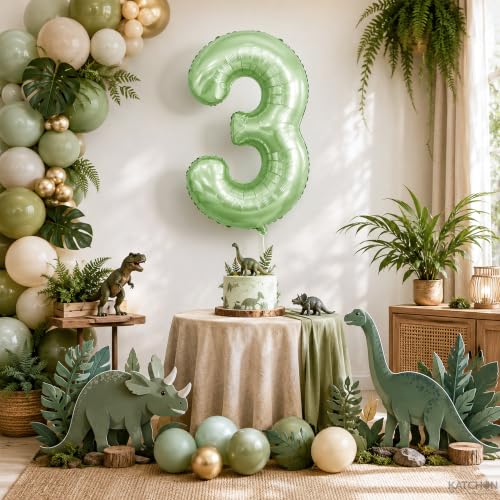 Image of Katchon, 40 Inch Sage Green Number 3 Balloon For 3rd Birthday Decorations