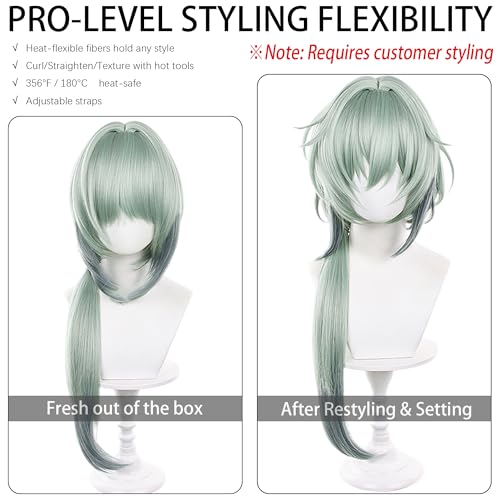 Image of Anime Green Wig Long Straight Wig with Ponytail and Bangs Adult COS Game Cosplay Wigs Naxa Halloween,Christmas,Comic con,Game Show,Party