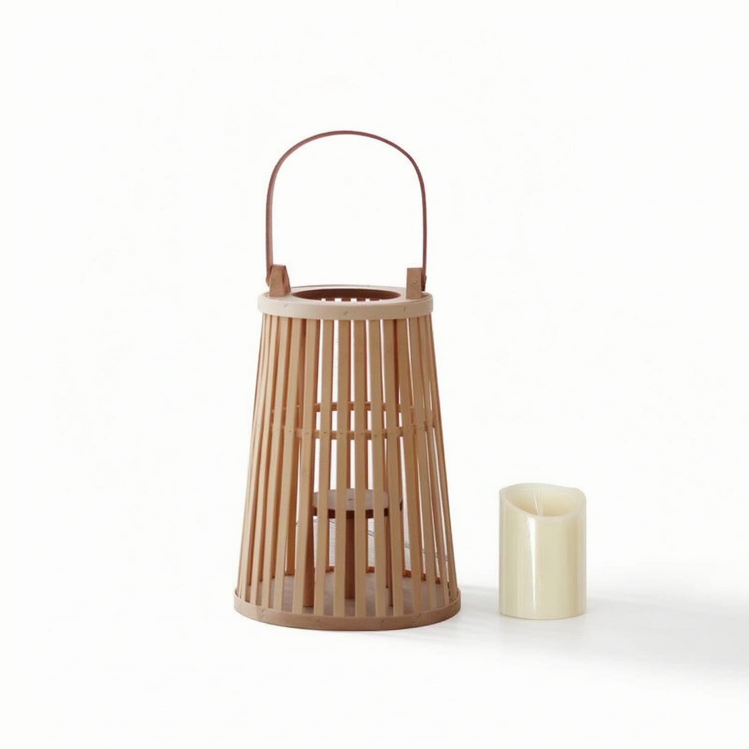 Slatted Lantern with Electronic Candle Tapered Bamboo Lantern