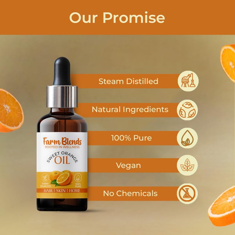 Image of Farm Blends Sweet Orange Essential Oil|Vitamin C,Boosts Collagen|Hair Growth,Skin Care,Reduces Sun Tan,Fresh Citrusy|Farm To Home|Oil 100% Pure,Natural, Undiluted|Citrus sinensis|Pack of 2 |15ml