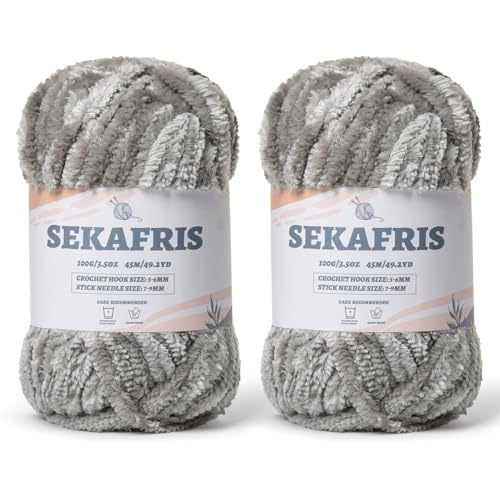 Image of Chenille Velvet Soft Yarn Grey 2 Pack | 200g /98.4yds Fuzzy Chunky Chenille Yarn for Crocheting Plush Yarn for Hand Knitting Amigurumi Fluffy Yarn