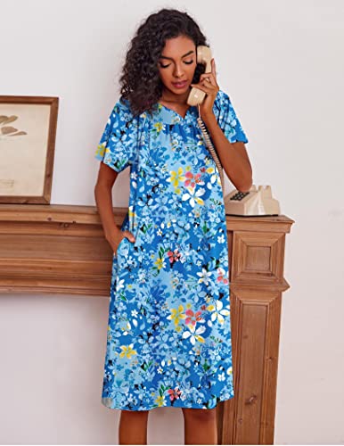 Maxmoda Muumuu Dresses For Women With Pockets Loose Floral House Dress Pleated Short Sleeve Sleepshirt V Neck Comfortable Sleepwear,Blue Floral Xl #TOP4
