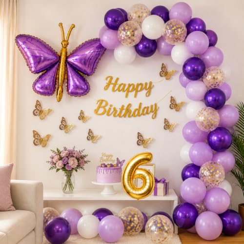 Image of 62Pcs Purple Butterfly Birthday Decorations for Girls - Pastel & Dark Purple, White, Gold Balloon Garland Arch Kit with 3D Butterfly Wall Stickers, Happy Birthday Banner, Pump (6th Birthday)