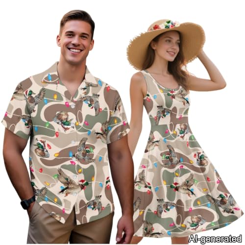 Image of Dreaweet Summer Dresses for Women A-Line Sleeveless Flowy Sun Dresses,Men's Casual Button-Down Shirts,Couple Matching Outfits