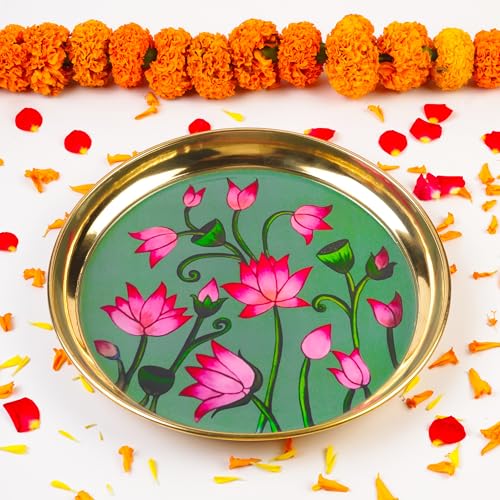 Image of Klassic 8 Inch Handcrafted Brass Thali /Aarti Plate | Lotus Design, Beautifully Embossed Colorful Decorative Plate for Puja /Worship, Aarti, Karwa Chauth, Navratri, Diwali Gifts | (Pack of 1)