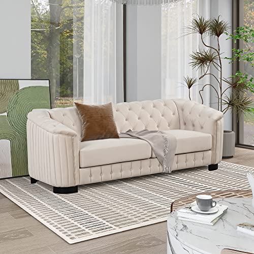 Merax Mid-Century Modern 3 Seater Sofa With Thick Removable Seat Cushion, And Rubber Wood Legs, Velvet Upholstered Couch For Living Room, Bedroom, Or Small Space, Beige-C #TOP17