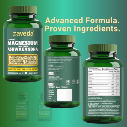 Image of Magnesium Glycinate Ashwagandha Tablets with Hopes Flower, B6, L-Theanine, L-Tryptophan & Zinc | Highly Advanced Plant Based Formula | Muscle Recovery, Sleep & Nerve Health | 60 VegTablets