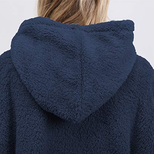 TRISTIN Thicken Sherpa Fluffle Sweatshirt Blanket Warm Cozy Oversized Wearable Pocket Hoodie for Women Men and Teens Navy
