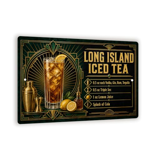 Long Island Iced Tea Recipe Metal Sign - Art Deco Bar Wall Decor - 8x12 Cocktail Art
