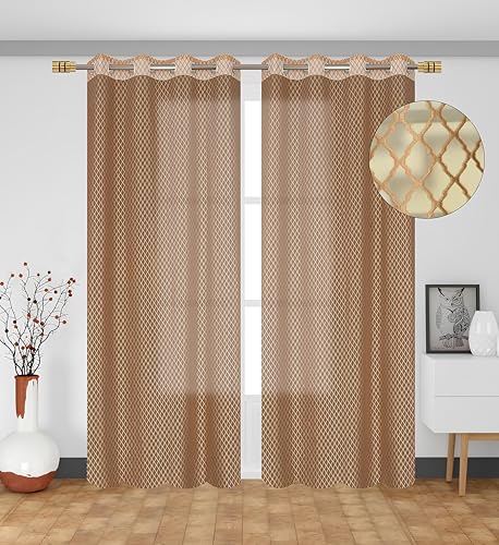 Image of Sheer Net Semi Transparent Home Decor Curtains for Living Room, Balcony Doors and Windows Panel, Parda, Eyelets Hanging, Light Brown, 4 x 7 Feet, Pack of 2