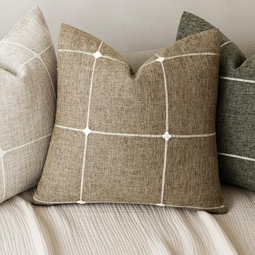 Image of Foindtower Pack of 2 Decorative Faux Linen Jacquard Check Throw Pillow Covers Farmhouse Cushion Cover with Grid Textured Accent Pillowcase for Couch Sofa Living Room Home Decor,22x22 Inch,Tan Khaki