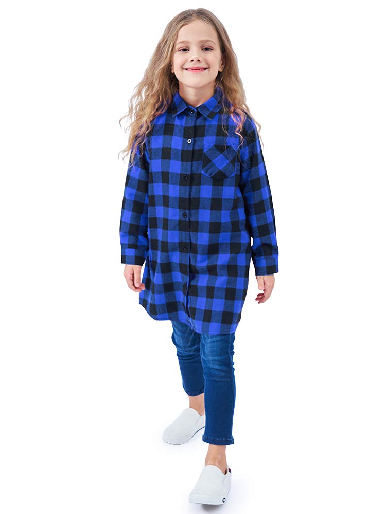 OCHENTA Girls Plaid Flannel Shirts Long Sleeve Button Down Shirt Dress