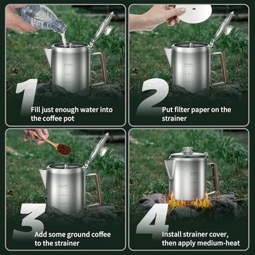 Image of Coffee Percolator with 100pcs Coffee Filters - 6 Cups | Durable Stainless Steel Material Camping Coffee Pot| Brew Coffee On Fire, Grill or Stovetop | Ideal for Home, Camping