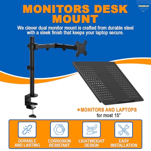 Image of FreshDcart Monitor Desk Mount with Laptop Tray, Adjustable Computer Arm Support & 6 Magnetic Cable Organizers | Ergonomic Screen Desk Setup | Space Saving Heavy Duty Clamp Mount for Home & Office