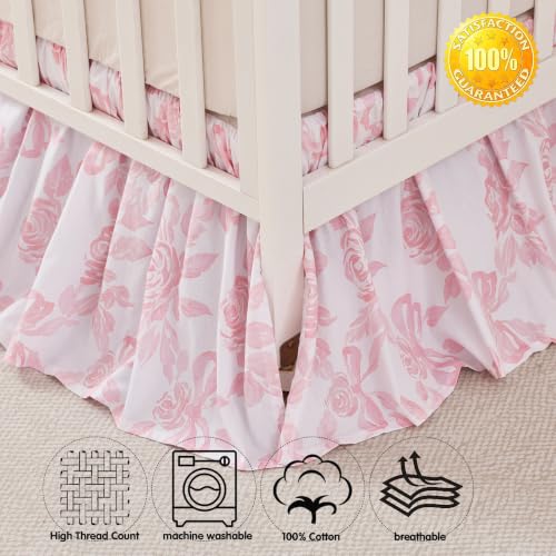 Image of Brandream Organic Cotton Crib Skirt Dust Ruffle, Baby Girl Crib Bed Skirt, 4-Sided, Luxury French Vintage Pink Rose Floral & Bow Cottagecore Toddler Bedskirt Farmhouse Chic Nursery Bedding Skirt