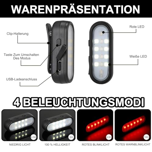 ZLCBBD LED Clip Lampe - Lauflicht Klein Stirnlampe - 2 Stück USB Aufladbar Blinklicht mit 2 Leuchteffekte für Kinder Schulranzen Laufen Joggen Camping Rucksack Kleidung (Schwarz)