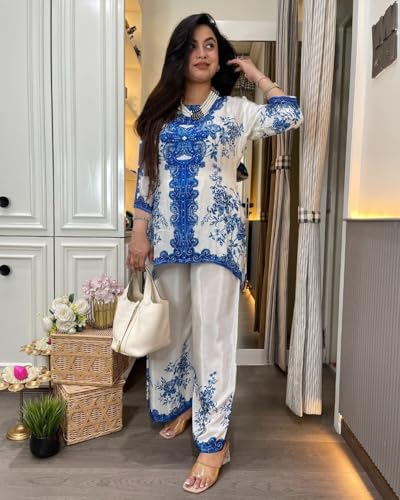 Image of GoSriKi Women Rayon Viscose Straight Printed Kurta with Palazzo | Two Piece Ethnic Kurta Palazzo Set for Women | Indian Traditional Dress |Printed Kurti with Bottom for Ladies