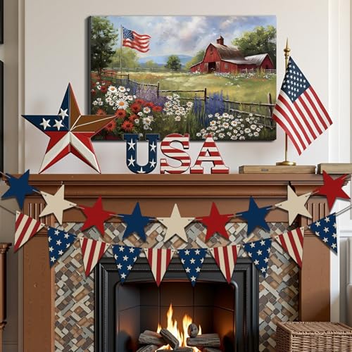 Image of Framed Rustic American Flag Red Barn Wall Art, Patriotic Farmhouse Canvas Art Pictures, USA Flag Wall Decor for Living Room Kitchen Entryway, Ready to Hang Made in USA