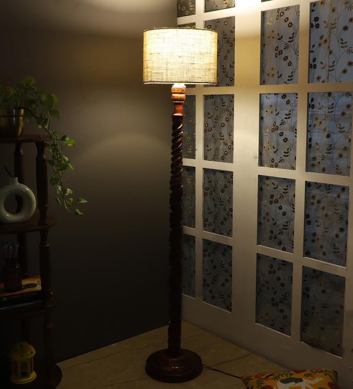 Image of tu casa Mango Wooden Floor Lamps with Brown Base & Jute Shade for Home Decor, Bedrooms Corner, Living Room, Gifting, Diwali Decoration, Hall, Office, Study Room (Height: - 56 inch) - Bulb not Included