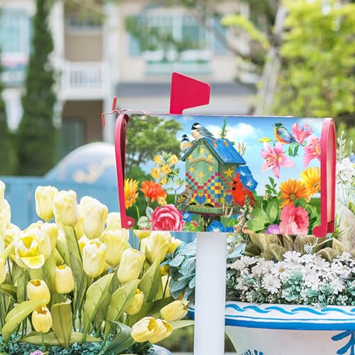 Image of Spring Summer Blooming Flowers Welcome Mailbox Covers Floral Birds Mailbox Wrap Magnetic Standard Size 25x21in Farmhouse Post Letter Box Cover for Home Garden Yard Outdoor Decor