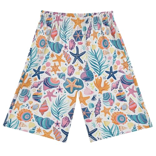 ALAZA Shell Palm Leaves Starfish Cartoon Pajama Shorts Elastic Waist Casual Sleep Shorts with Pockets Size 6-14