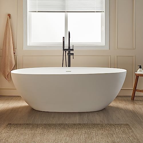 Cpingao 71' Stone Resin Freestanding Bathtub, Contemporary Oval Stand Alone Soaking Tubs, Solid Surface Bathtub with Drain & Integrated Slotted Overflow Matte White 8845-1800