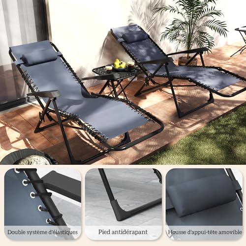 Lot 2 chaises longues zéro gravité + table, Outsunny