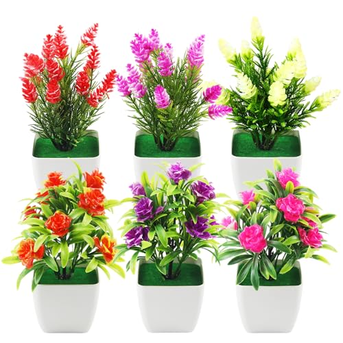 JINXIAN Lot De 6 Mini Fleurs Artificielles en Pot Plantes Artificielles Interieur 7,08 Pouces De...