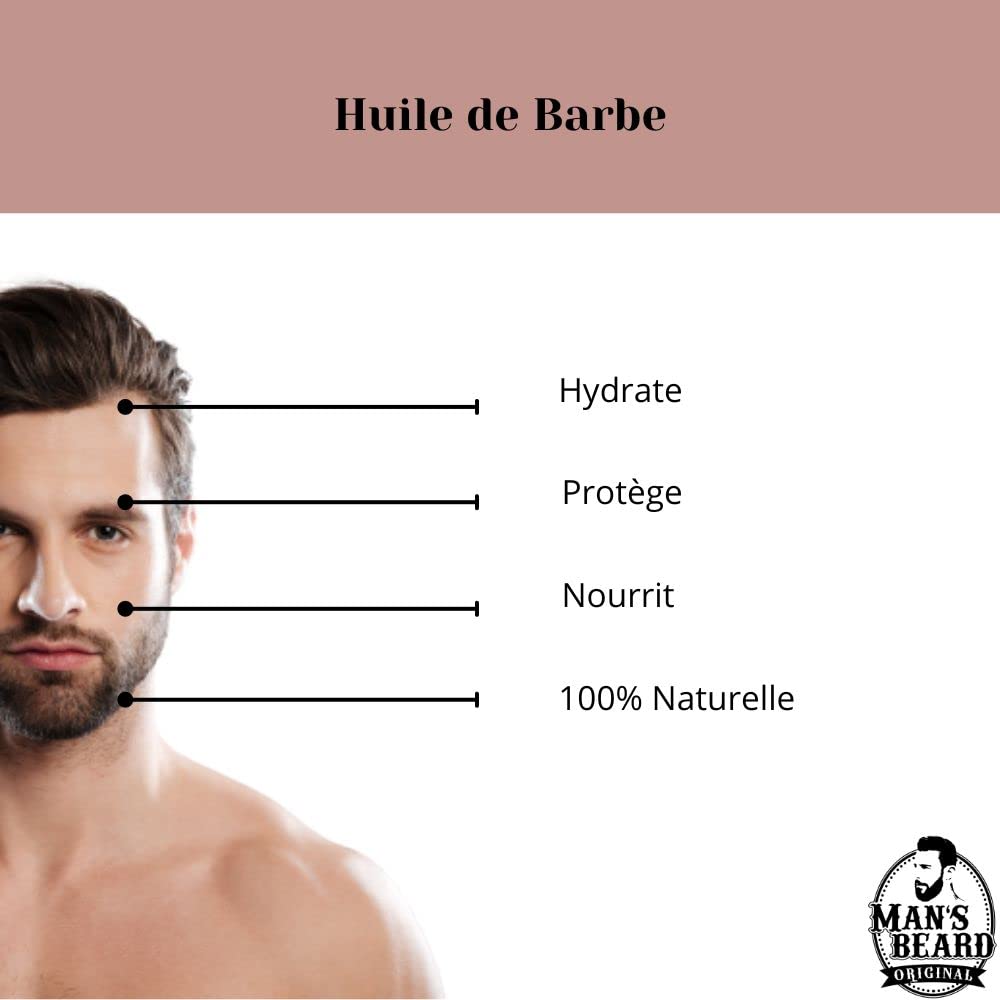 MAN'S BEARD - Huile de barbe - Fragrance Cuir ambré - 100% Fabrication Française - Ingrédients d'origine naturelle - 30 ml