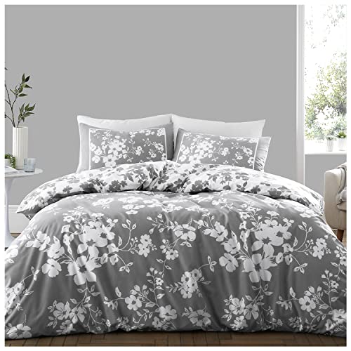 GC GAVENO CAVAILIA Luxurious Fower Duvet Cover King Size, Breathable Botanical Bedding Sets, Soft Printed Bed Set, Grey