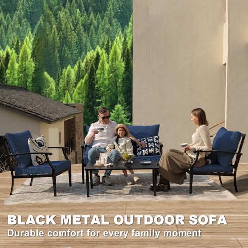 Image of 4-Piece Patio Furniture Set, Wider Outdoor Metal Seating Sofa with High Back & Loveseat, Coffee Table, All Weather Metal Conversation Set for Backyard, Poolside, Deck-Navy