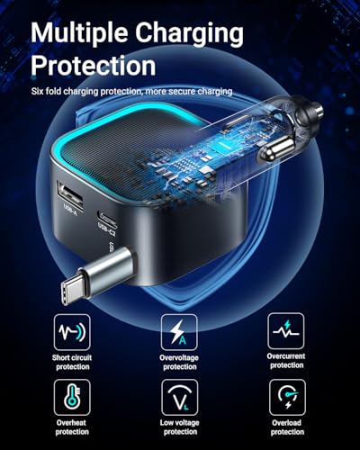 Image of Retractable Car Charger USB-C,Rocoren 57W Type C Fast Car Charging [Ultra-Compact Mini] with Cord Cigarette Lighter Adapter Car Accessories for iPhone 17 16 15 Samsung S25 Ultra Pixel Android