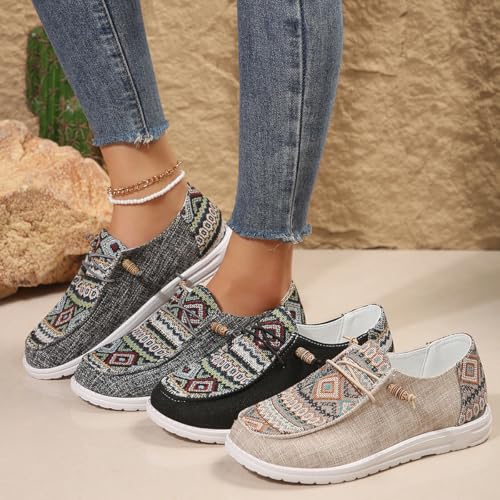 Women's Summer Fashionable Ethnic Pattern Lace Up Front Canvas Shoes, Work Flat Sneakers, Casual Comfortable Low Top Outdoor for Daily Wear, Loafers, Trending Walking Shoes, Trainers3