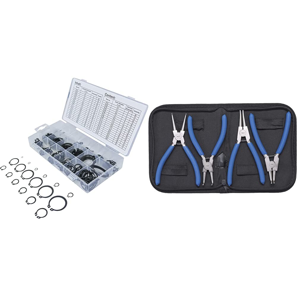 BGS Technic Pro+ Set 4 Pinze Per Anelli Di Sicurezza, 150 Mm & Technic Pro+ Confezione Da 300 Seeger Esterni Assortiti, Anneli Elastici, Dimensioni: Da 3 A 32 Mm