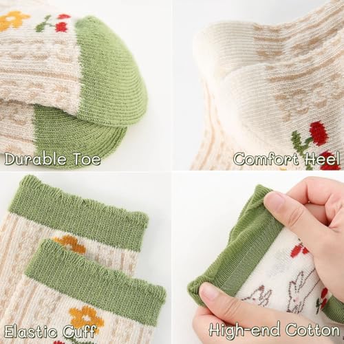 5 Pairs Toddler Girl Kids Socks, Cute Flower Green Soft Cotton Crew Socks, 1~12Years3