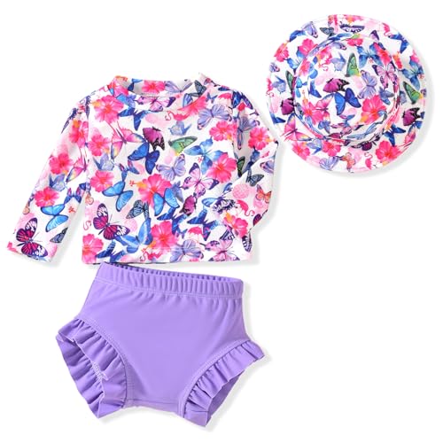 Image of HINTINA Newborn Baby Girl Long Sleeve Swimsuit Bathing Suit with Hat
