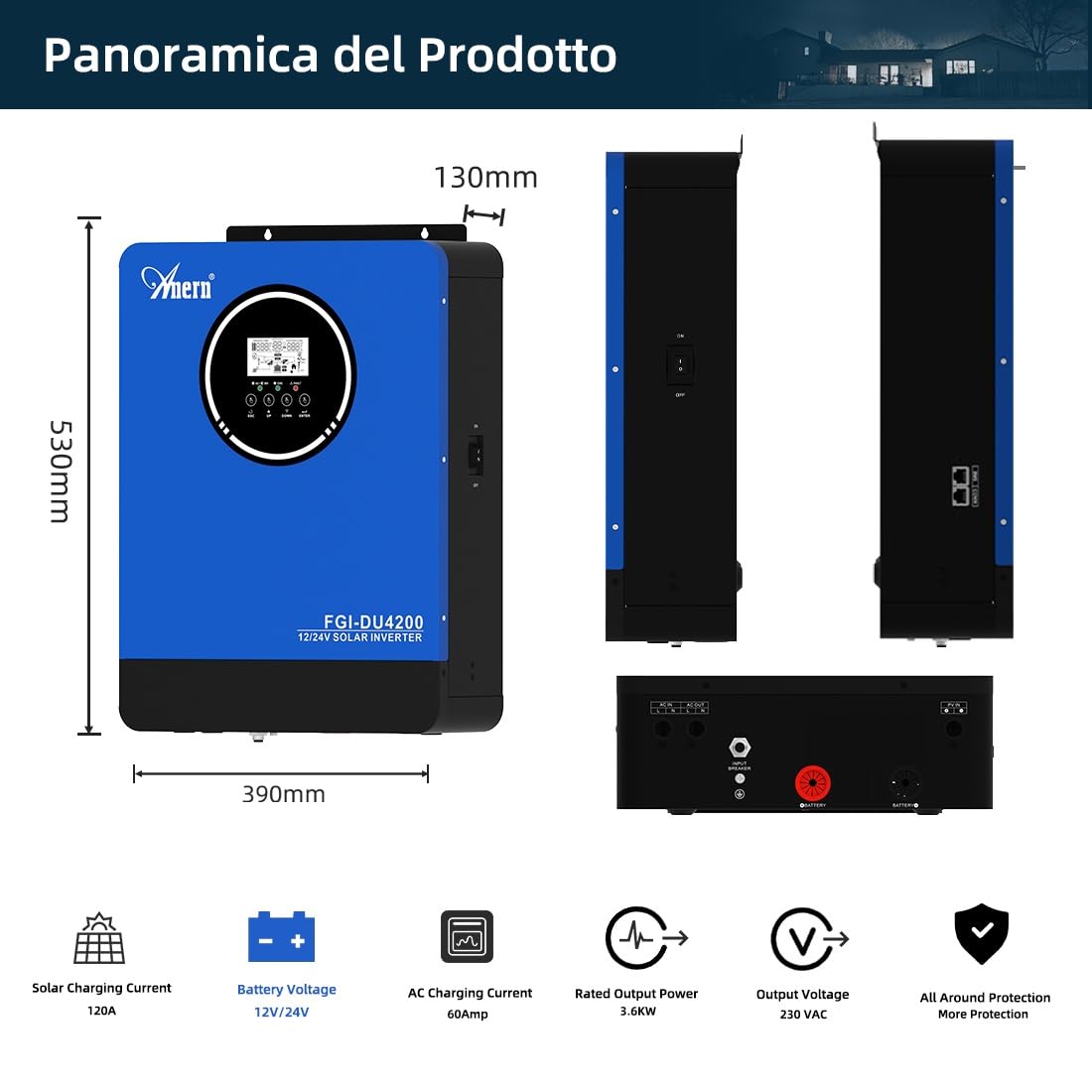 Anern Inverter ibrido da 4200 W, 12/24 Vdc Doppia tensione, 220 V/230 Vca, con regolatore solare da 100 A onda sinusoidale pura, PV 55~500 V, funzionamento con batterie 12/24 V