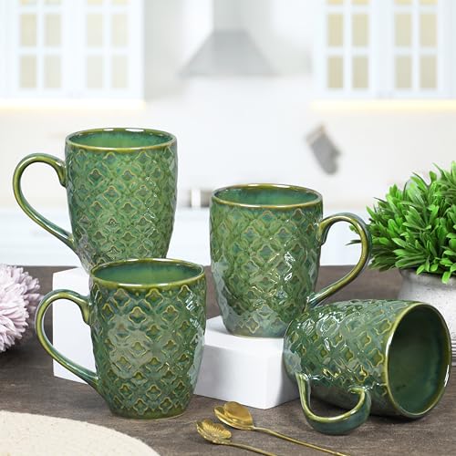 Image of CRAF10 Glaze Studio Ceramic Coffee /Tea Mugs - Set of 4, 330 ML Each, Elegant & Durable, Reactive Glaze, Microwave & Dishwasher Safe, Jade
