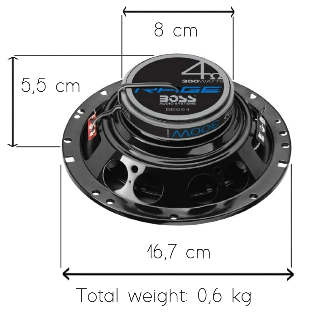 ZESTAW DO BOSS AUDIO SYSTEMS BE654 2 głośników koncentrycznych 4-drożny 6,5" 16,5 cm, 150 W RMS, maks. 300 W, 4 omy, niebieska dioda LED, gumowe zawieszenie, za parę + akcesoria gratis